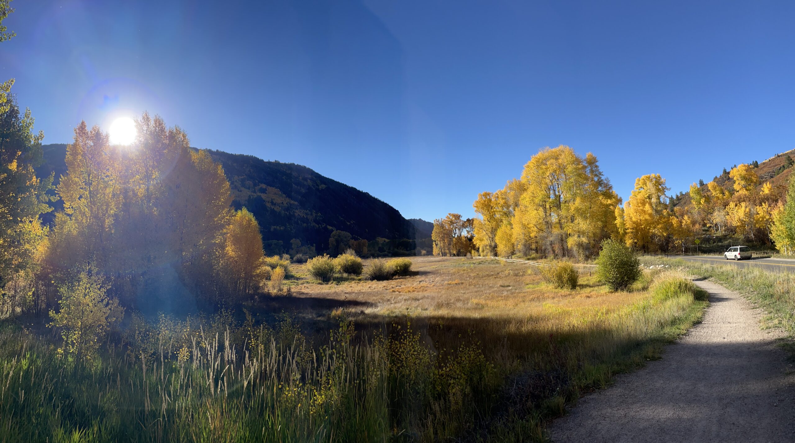 Aspen fall foliage vacation view of golden aspen trees lining a mountain trail and valley in Colorado during shoulder season